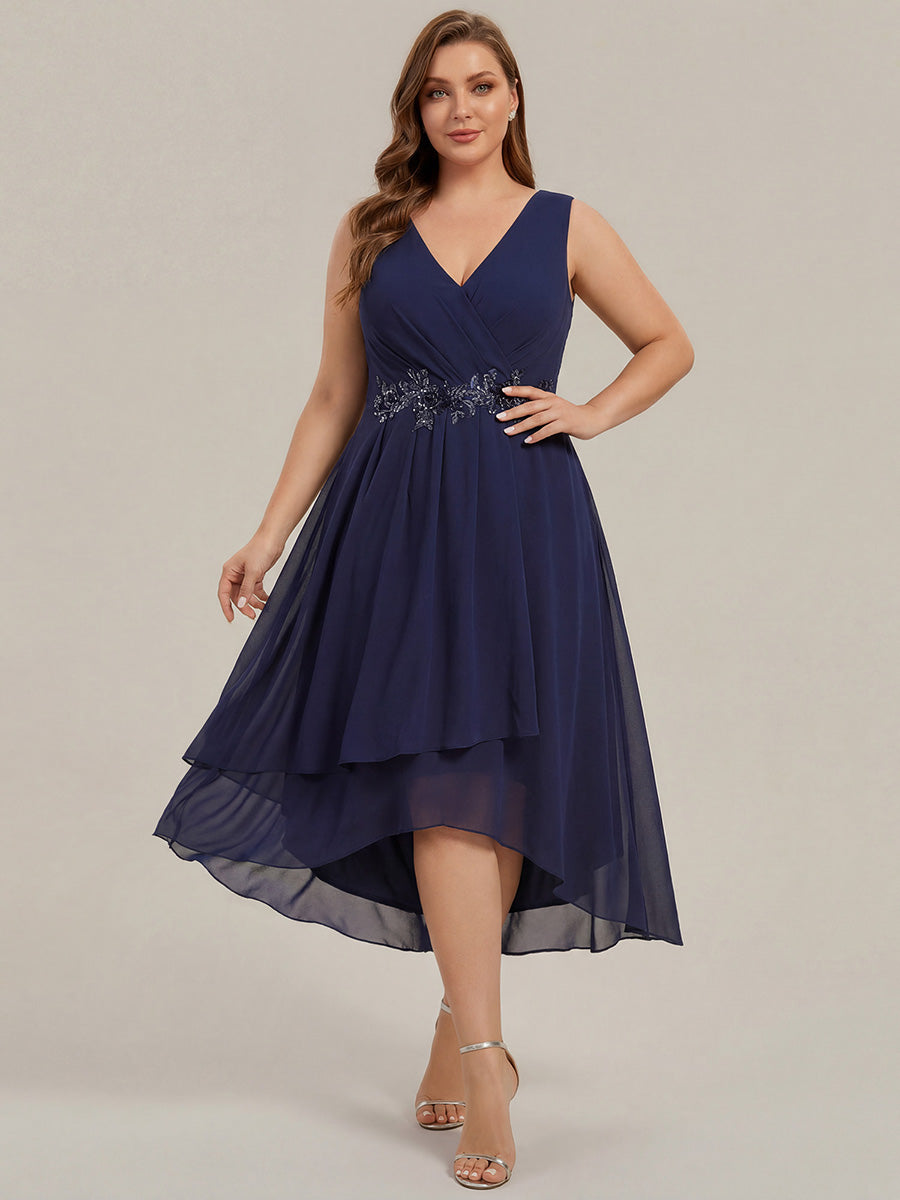 pretty IRYS|Sleeveless V-Neck High Low Plus Size Wedding Guest Dress with Floral Applique