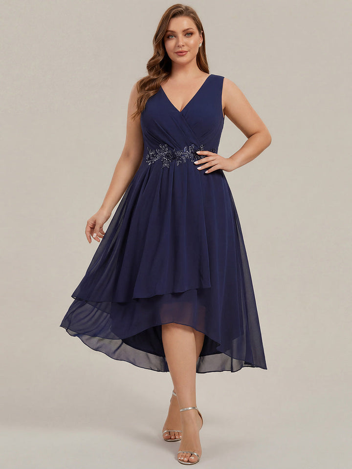 pretty IRYS|Sleeveless V-Neck High Low Plus Size Wedding Guest Dress with Floral Applique