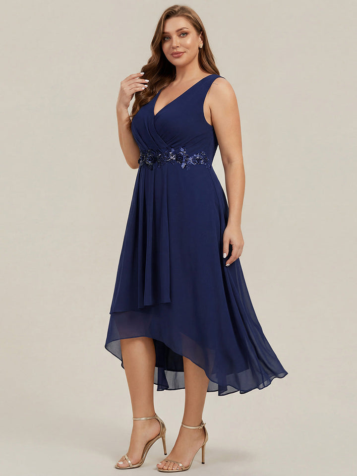 pretty IRYS|Sleeveless V-Neck High Low Plus Size Wedding Guest Dress with Floral Applique