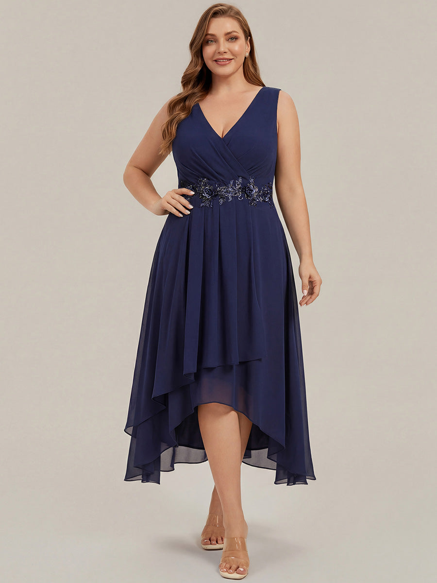 pretty IRYS|Sleeveless V-Neck High Low Plus Size Wedding Guest Dress with Floral Applique