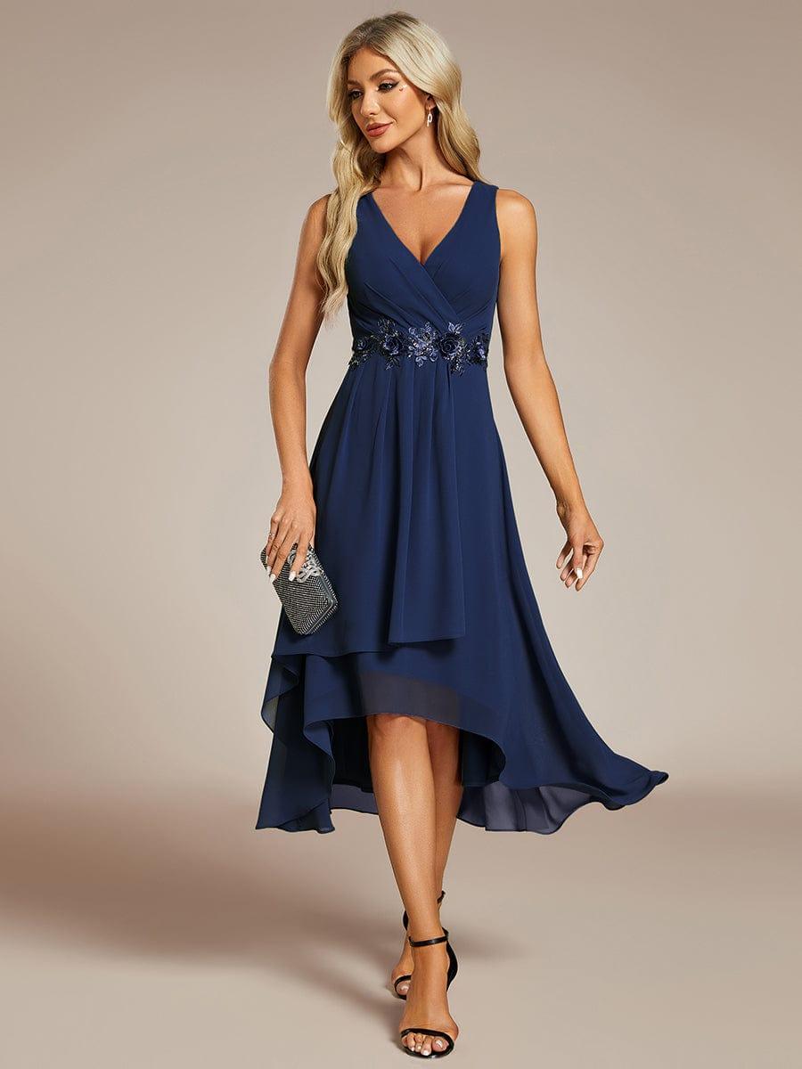 ever IRYS|Sleeveless V-Neck High Low Wedding Guest Dress with Floral Applique