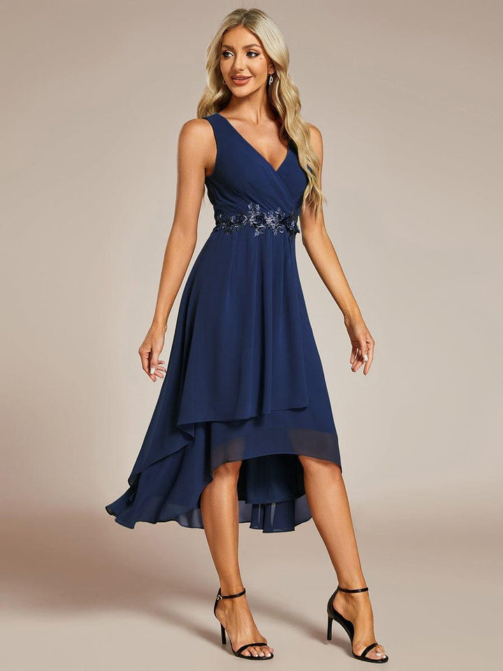 ever IRYS|Sleeveless V-Neck High Low Wedding Guest Dress with Floral Applique
