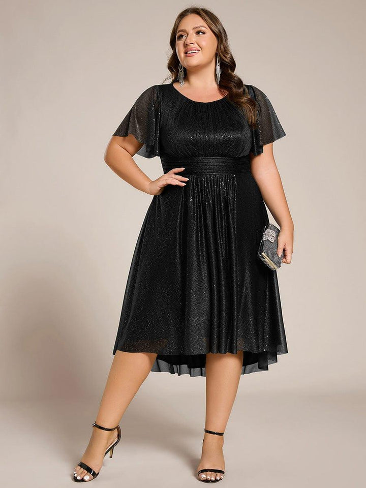 pretty CLARYN|Plus Size Sequin Round Neck Asymmetrical Midi Wedding Guest Dress