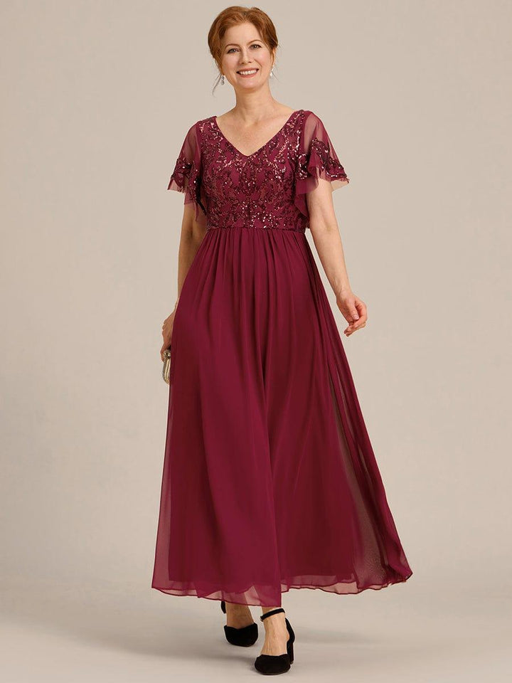 ever HAZEL|Short Sleeve V-Neck Sequin Chiffon A-Line Mother of the Bride Dress