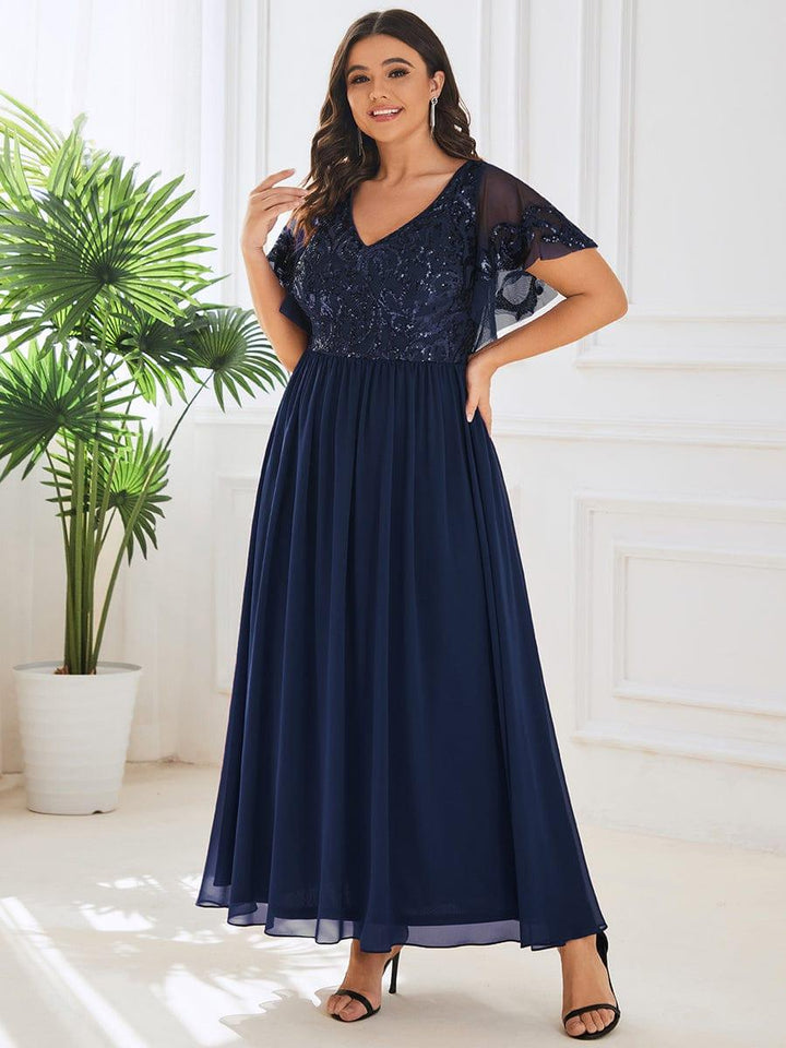 ever HAZEL|Short Sleeve V-Neck Sequin Chiffon A-Line Mother of the Bride Dress