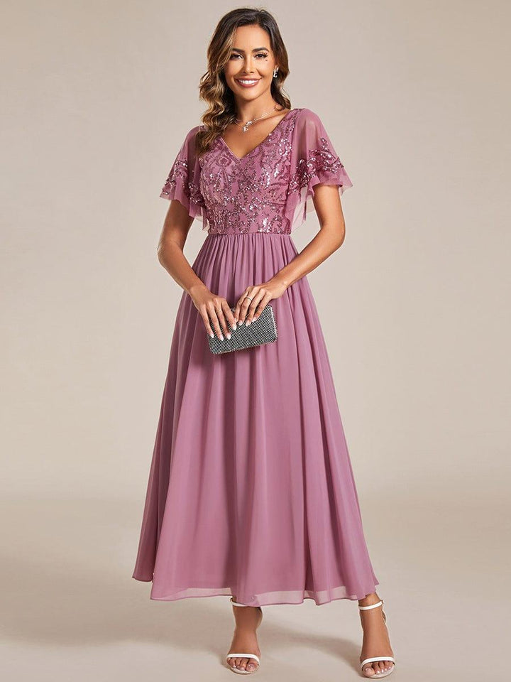 ever HAZEL|Short Sleeve V-Neck Sequin Chiffon A-Line Mother of the Bride Dress