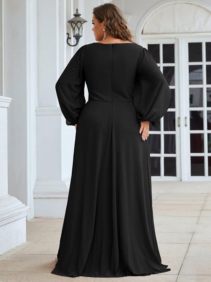 ever AMOUR|Elegant Chiffon V-Neckline Long Sleeve Wedding Guest Dress