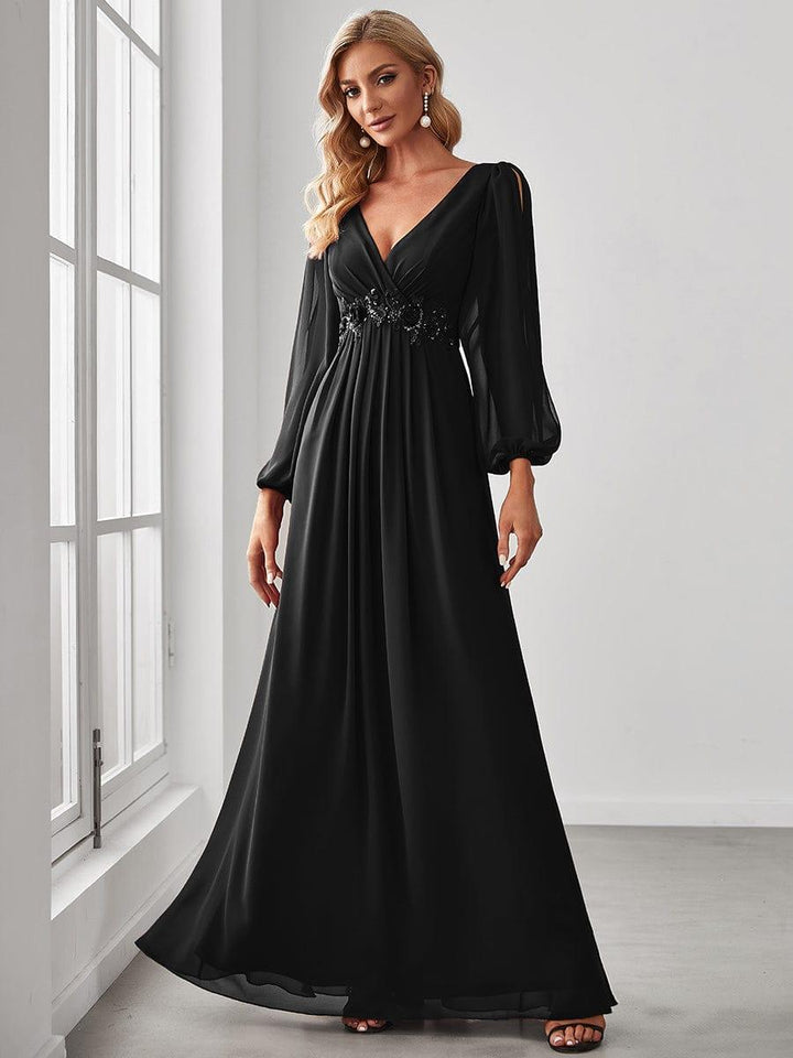 ever AMOUR|Elegant Chiffon V-Neckline Long Sleeve Wedding Guest Dress