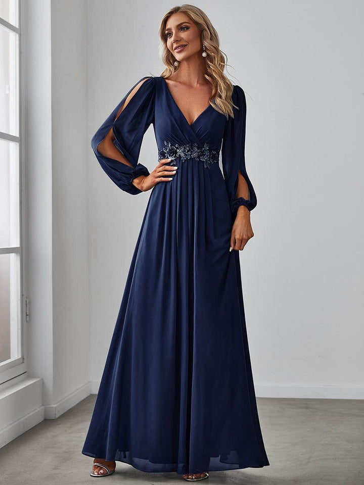 ever AMOUR|Elegant Chiffon V-Neckline Long Sleeve Wedding Guest Dress