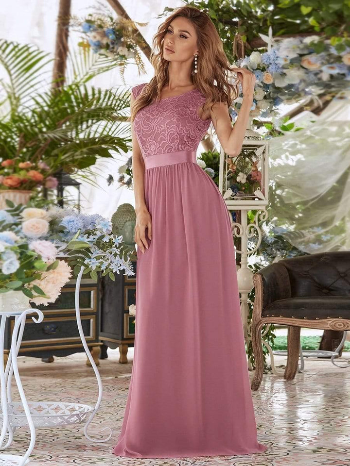 Classic Round Neck V Back Lace Bodice Bridesmaid Dress
