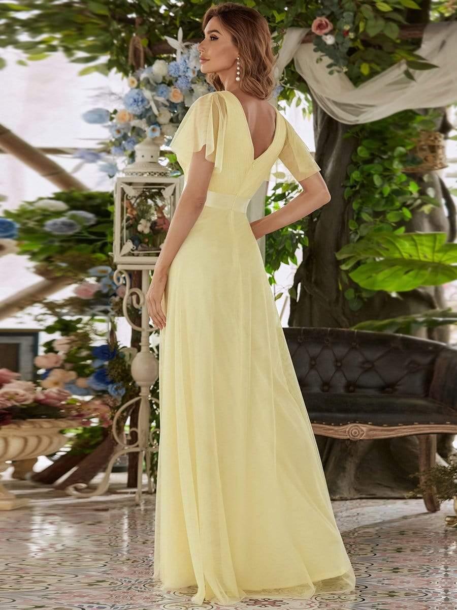 ever MISTE|Double V-Neck Floor-Length Short Sleeve Tulle Bridesmaid Dresses