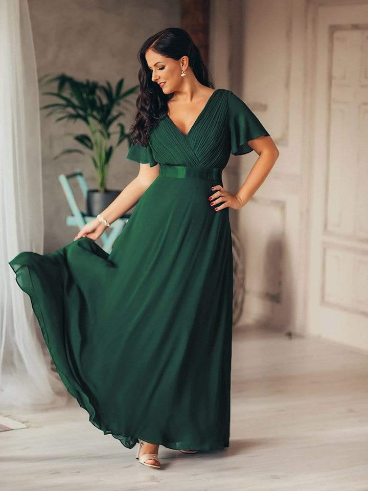 ever MONICA|Long Chiffon Empire Waist Bridesmaid Dress with Short Flutter Sleeves