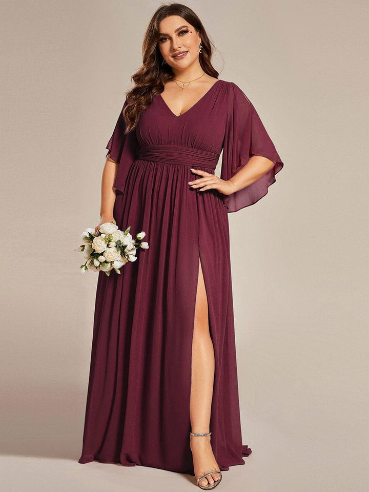 pretty ELYAN|Plus Size Printed Half Sleeve Pleated A-Line Chiffon Wedding Guest Dress