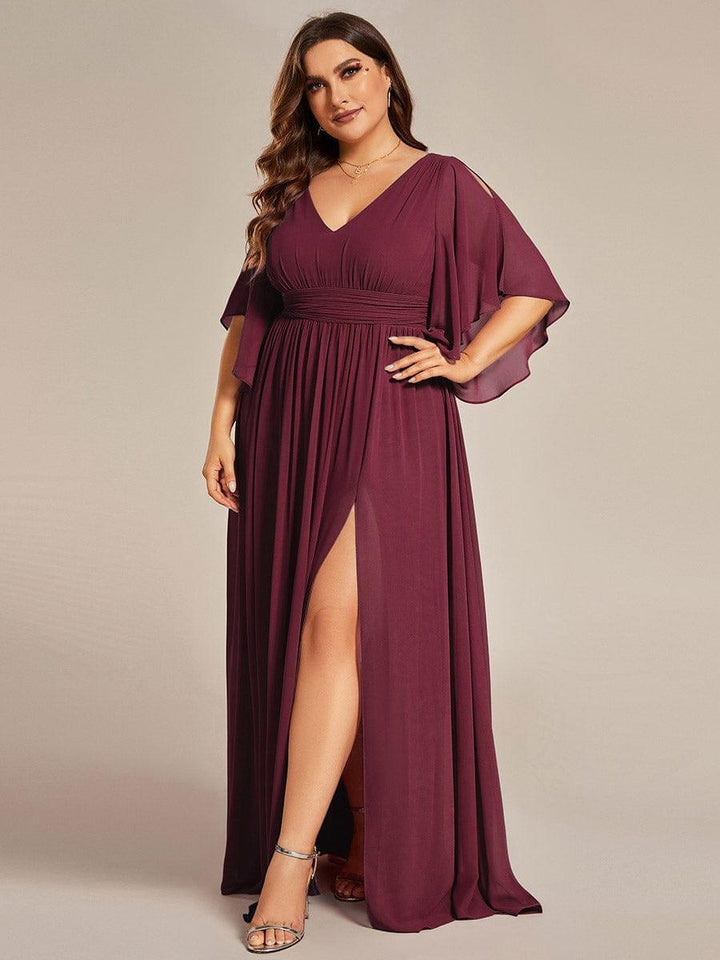pretty ELYAN|Plus Size Printed Half Sleeve Pleated A-Line Chiffon Wedding Guest Dress