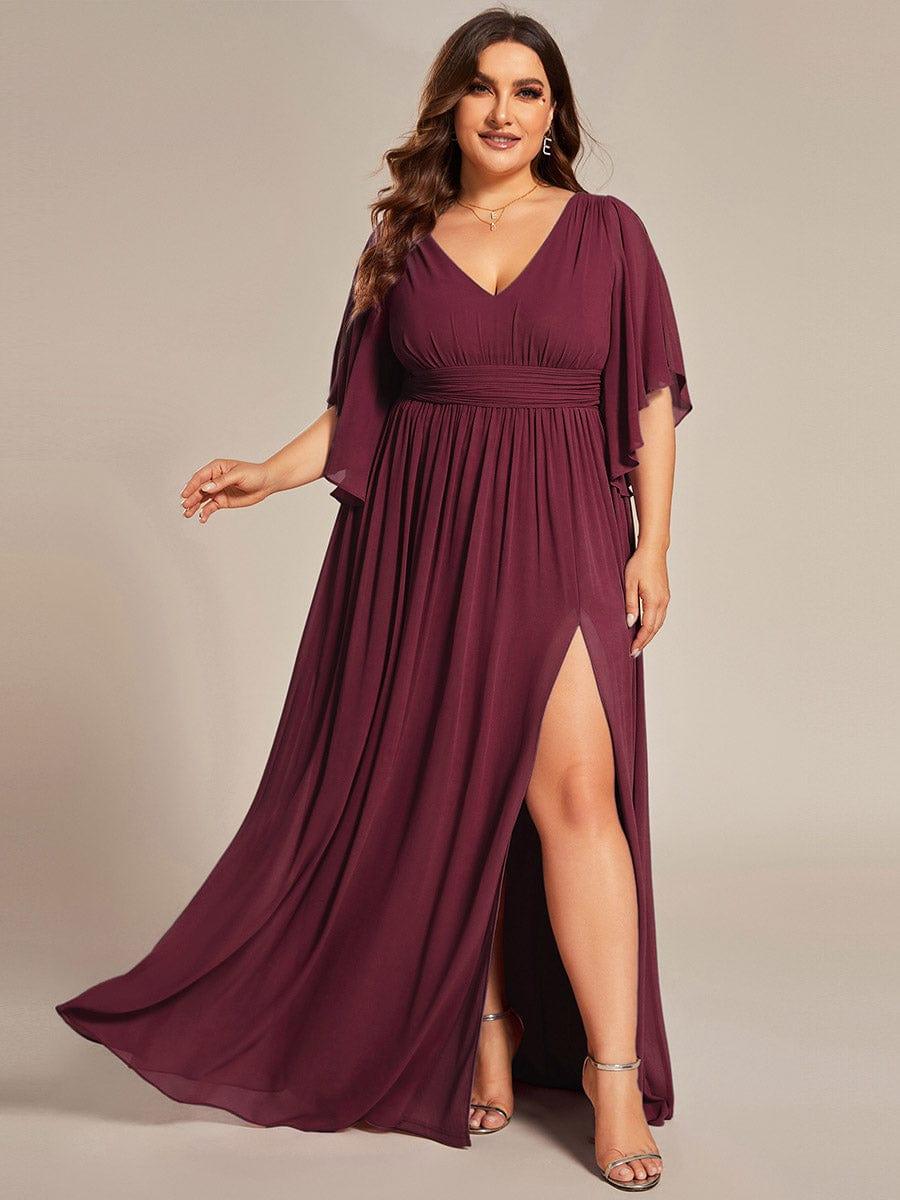 pretty ELYAN|Plus Size Printed Half Sleeve Pleated A-Line Chiffon Wedding Guest Dress