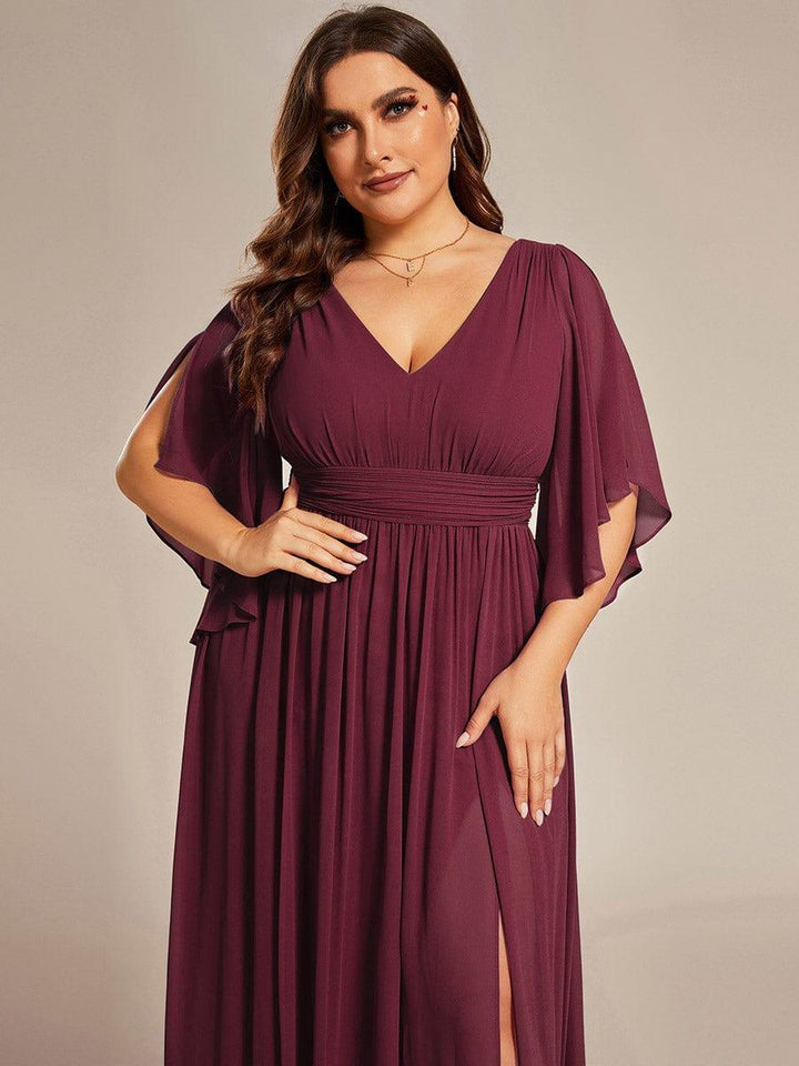pretty ELYAN|Plus Size Printed Half Sleeve Pleated A-Line Chiffon Wedding Guest Dress