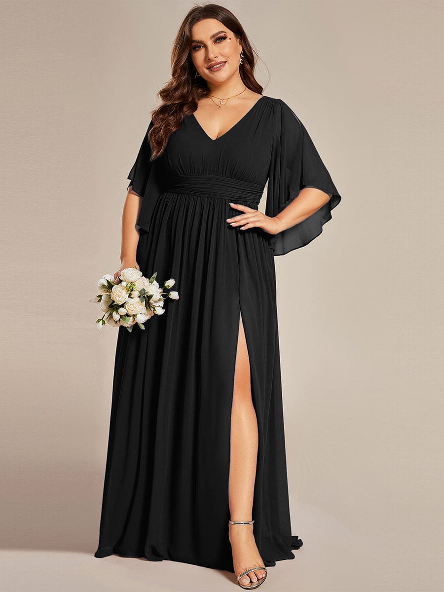 pretty ELYAN|Plus Size Printed Half Sleeve Pleated A-Line Chiffon Wedding Guest Dress