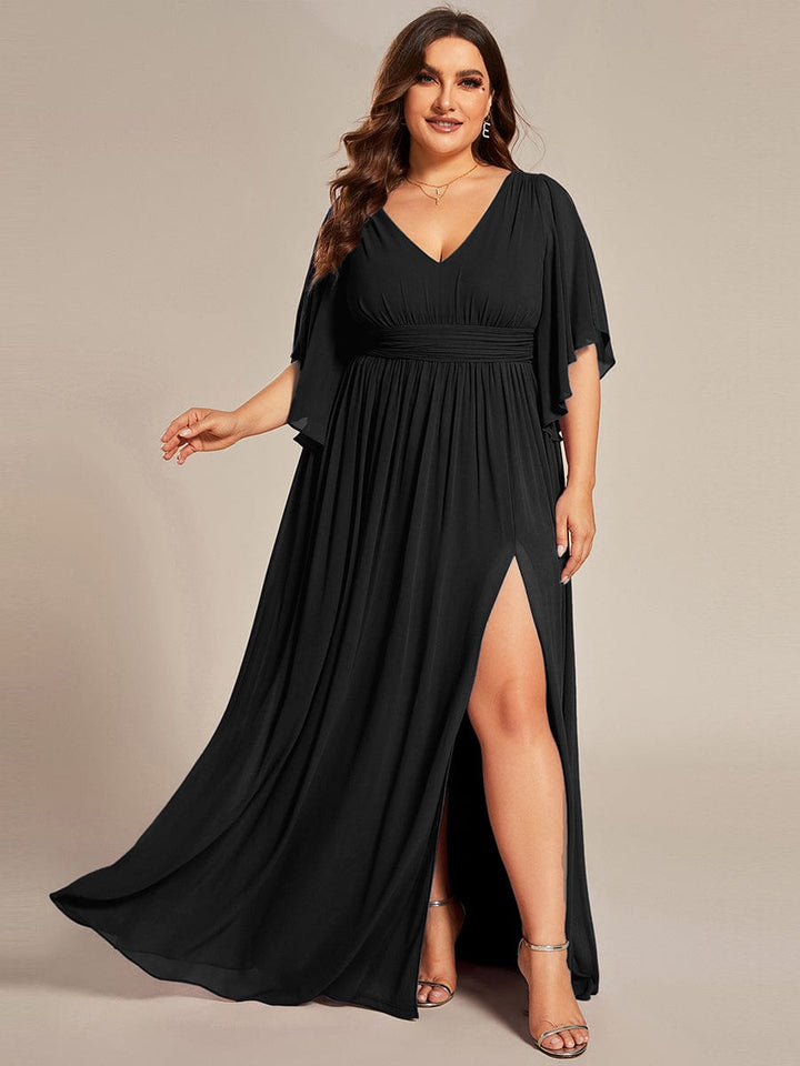 pretty ELYAN|Plus Size Printed Half Sleeve Pleated A-Line Chiffon Wedding Guest Dress