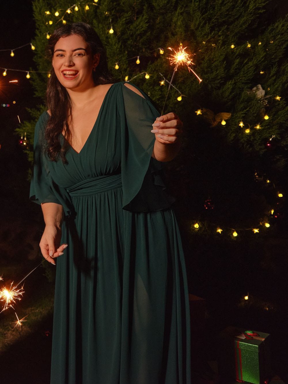 pretty ELYAN|Plus Size Printed Half Sleeve Pleated A-Line Chiffon Wedding Guest Dress