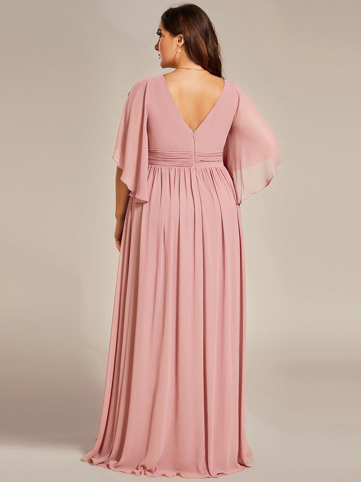 ever ELYAN|Half Sleeve V-Neck Pleated High Slit A-Line Chiffon Bridesmaid Dress