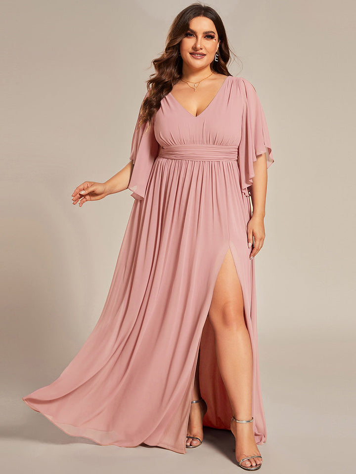 pretty ELYAN|Plus Size Half Sleeve Pleated A-Line V-Neck Chiffon Bridesmaid Dress