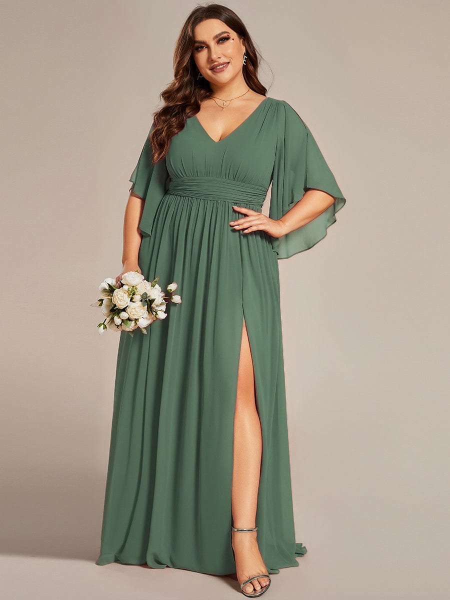 pretty ELYAN|Plus Size Printed Half Sleeve Pleated A-Line Chiffon Wedding Guest Dress