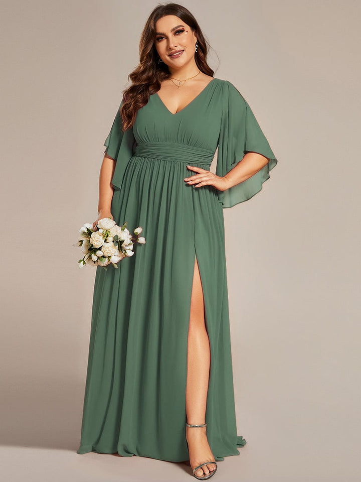 pretty ELYAN|Plus Size Printed Half Sleeve Pleated A-Line Chiffon Wedding Guest Dress