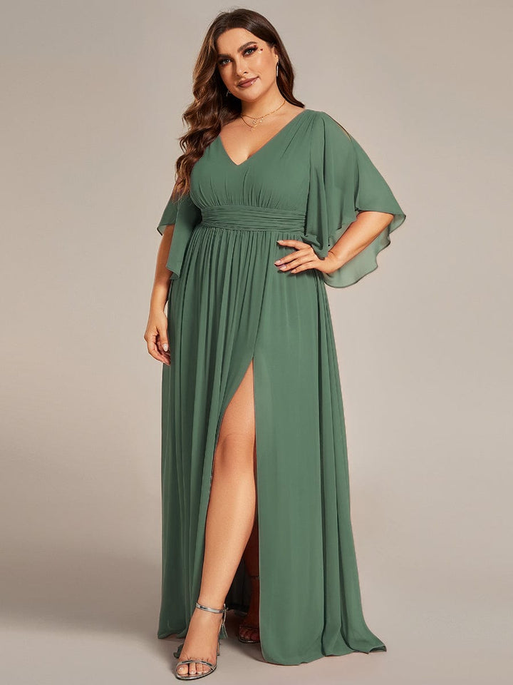 pretty ELYAN|Plus Size Printed Half Sleeve Pleated A-Line Chiffon Wedding Guest Dress