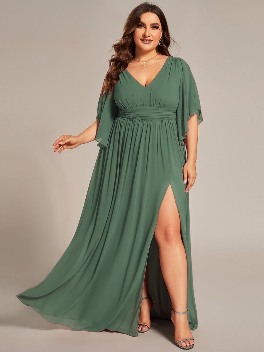 pretty ELYAN|Plus Size Printed Half Sleeve Pleated A-Line Chiffon Wedding Guest Dress