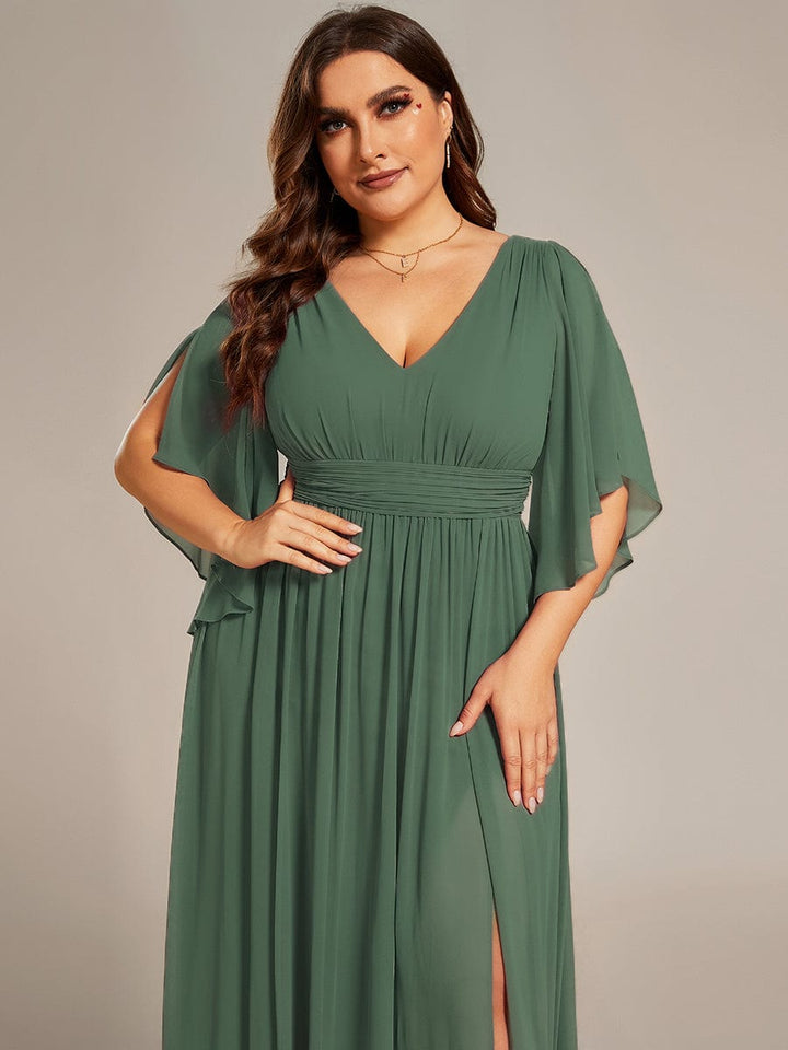 ever ELYAN|Half Sleeve V-Neck Pleated High Slit A-Line Chiffon Bridesmaid Dress