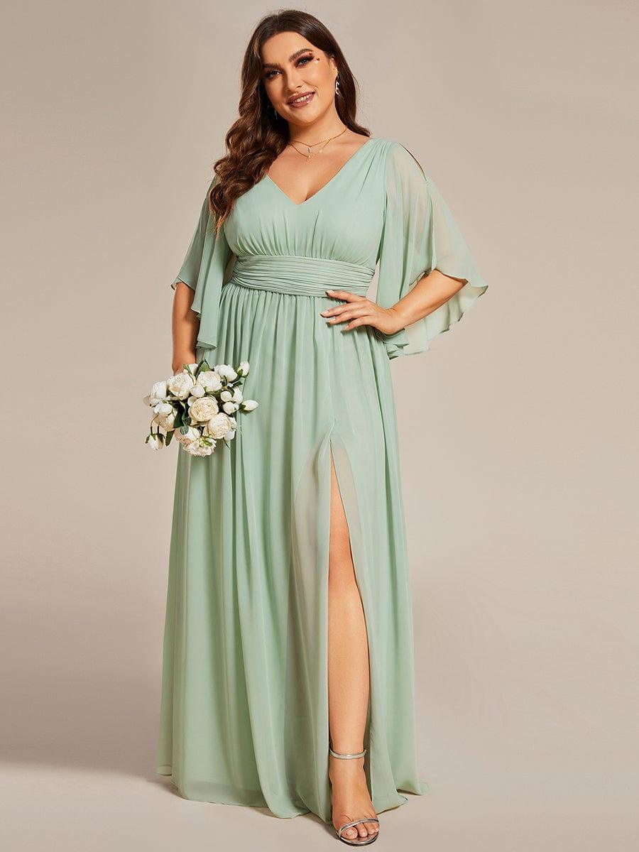 pretty ELYAN|Plus Size Printed Half Sleeve Pleated A-Line Chiffon Wedding Guest Dress