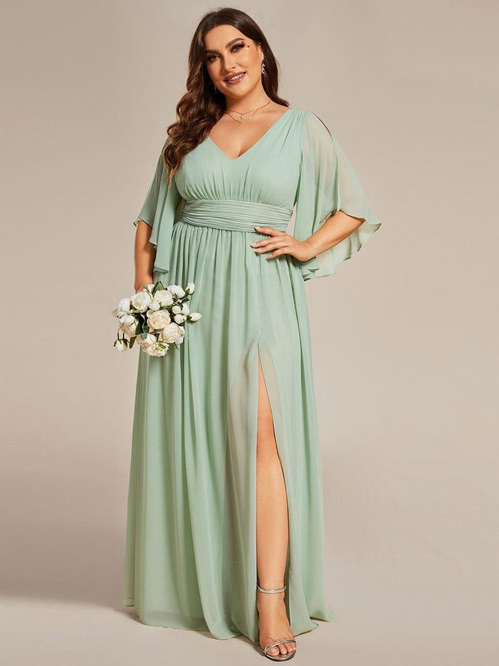 pretty ELYAN|Plus Size Printed Half Sleeve Pleated A-Line Chiffon Wedding Guest Dress