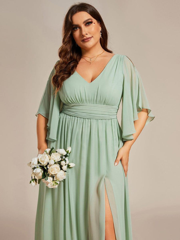 pretty ELYAN|Plus Size Printed Half Sleeve Pleated A-Line Chiffon Wedding Guest Dress