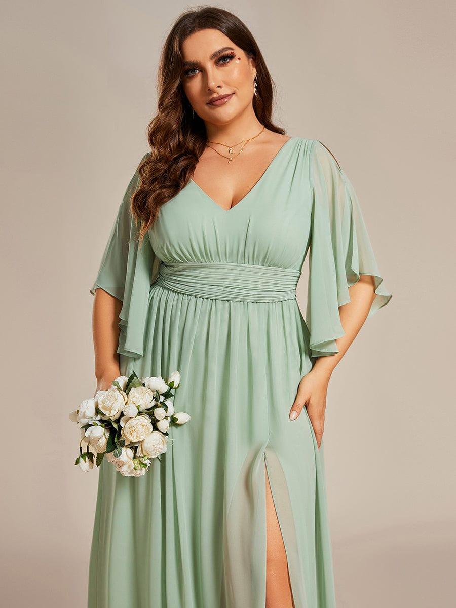 ever ELYAN|Half Sleeve V-Neck Pleated High Slit A-Line Chiffon Bridesmaid Dress