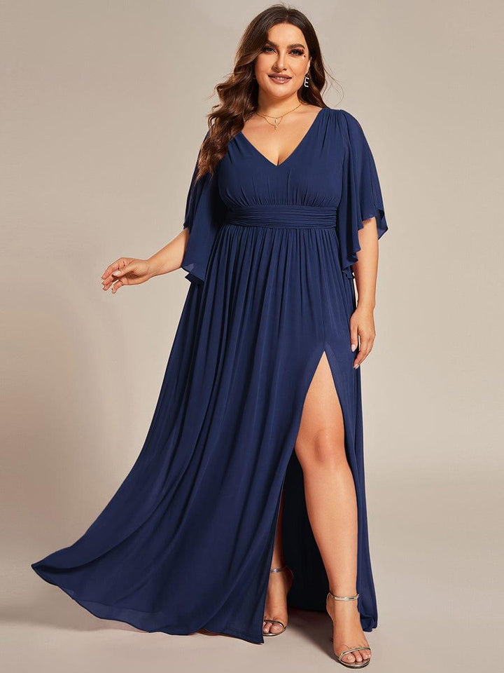 pretty ELYAN|Plus Size Printed Half Sleeve Pleated A-Line Chiffon Wedding Guest Dress