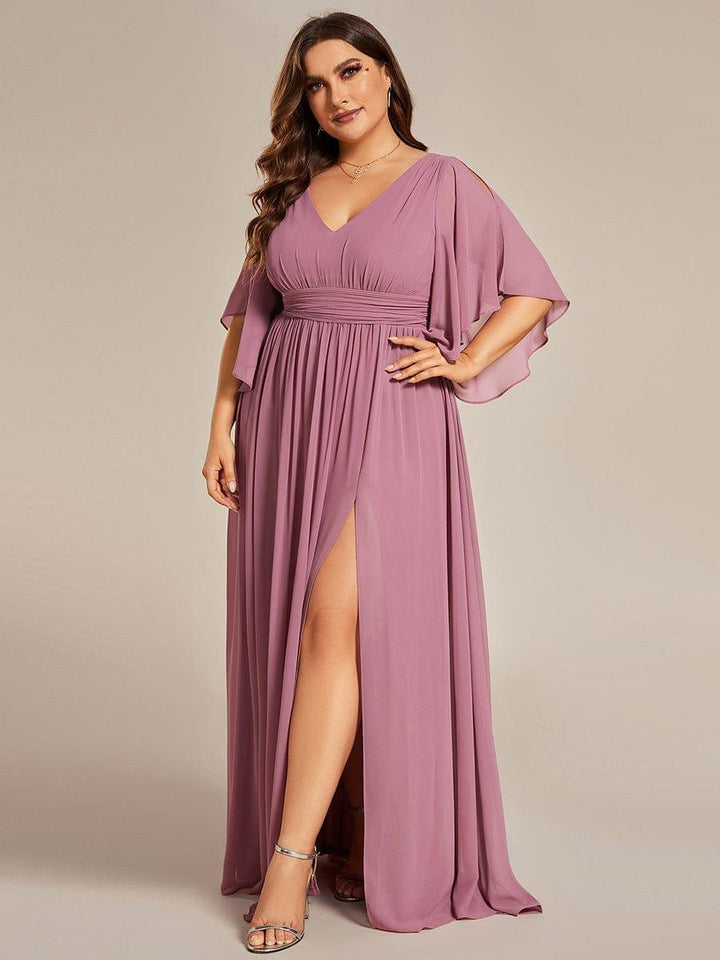 pretty ELYAN|Plus Size Printed Half Sleeve Pleated A-Line Chiffon Wedding Guest Dress