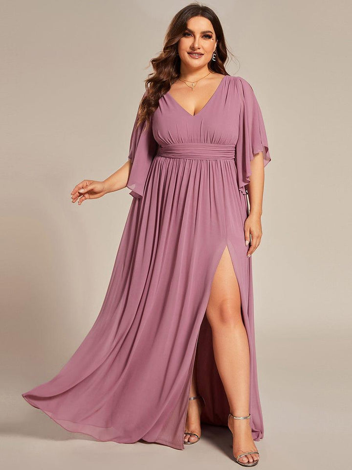 ever ELYAN|Half Sleeve V-Neck Pleated High Slit A-Line Chiffon Bridesmaid Dress