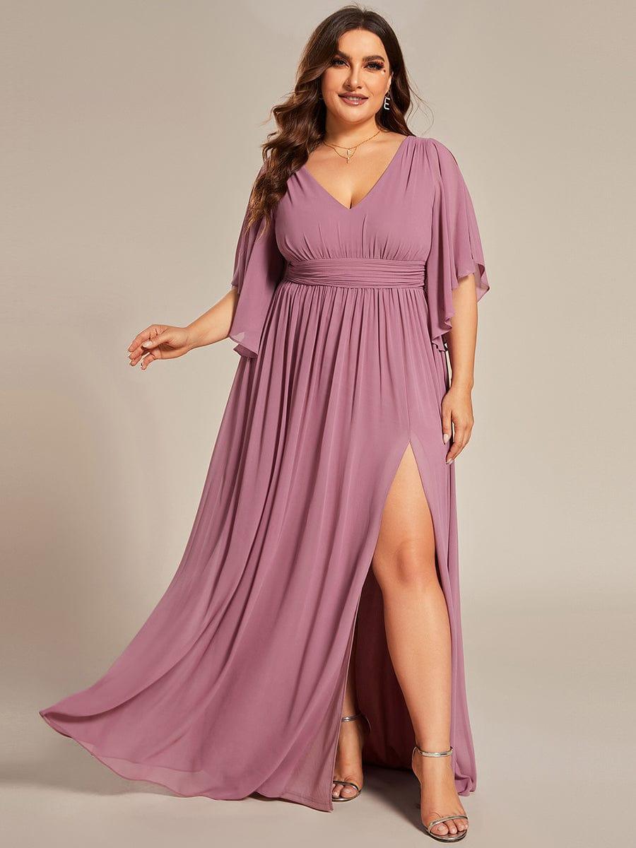 pretty ELYAN|Plus Size Printed Half Sleeve Pleated A-Line Chiffon Wedding Guest Dress