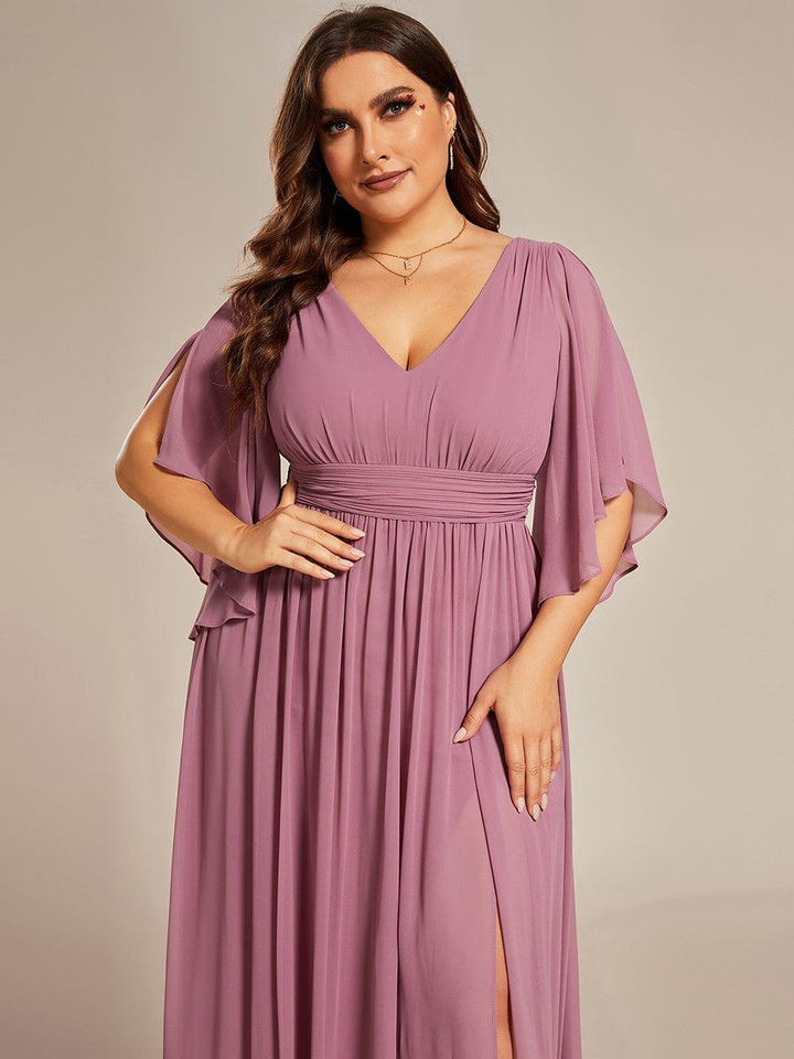 pretty ELYAN|Plus Size Half Sleeve Pleated A-Line V-Neck Chiffon Bridesmaid Dress