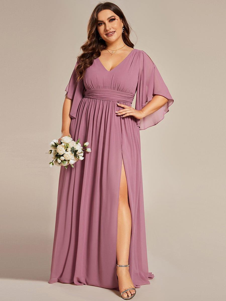 pretty ELYAN|Plus Size Printed Half Sleeve Pleated A-Line Chiffon Wedding Guest Dress