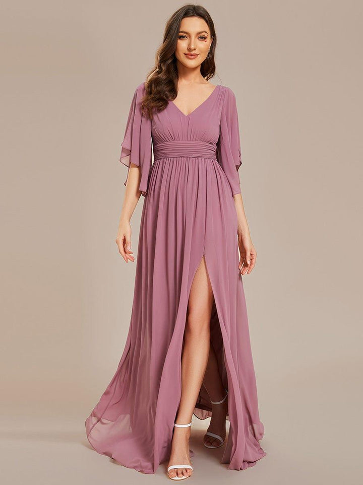 ever ELYAN|Half Sleeve V-Neck Pleated High Slit A-Line Chiffon Bridesmaid Dress