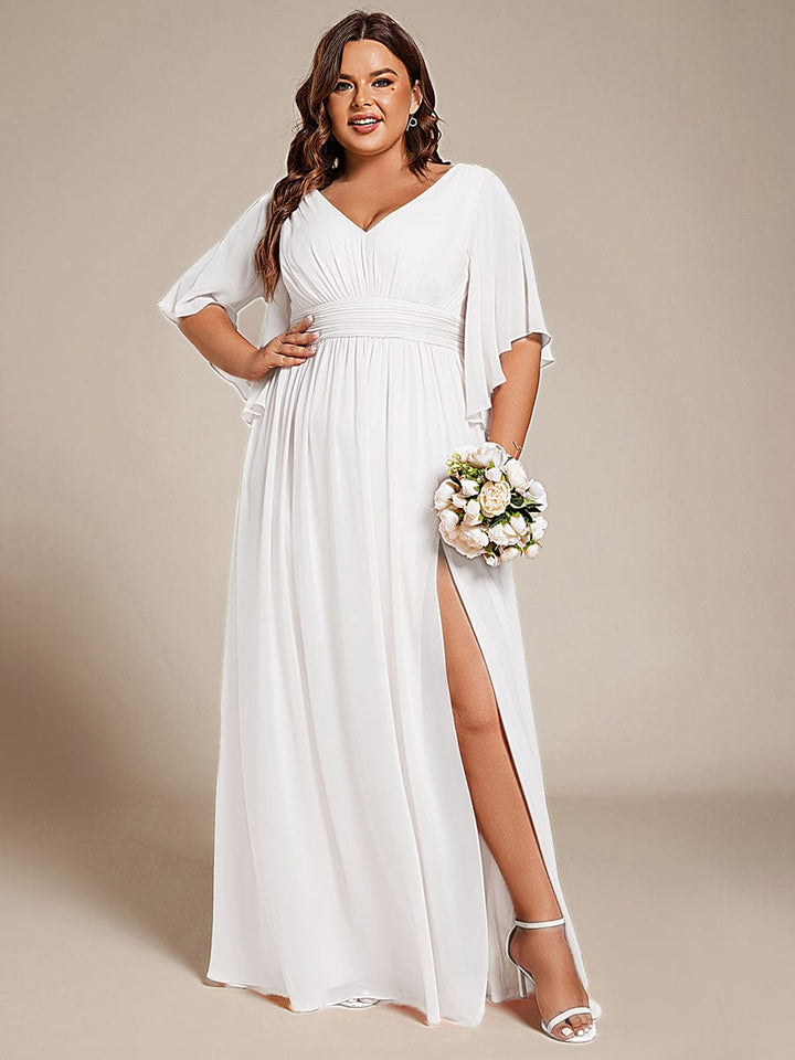 pretty ELYAN|Plus Size Printed Half Sleeve Pleated A-Line Chiffon Wedding Guest Dress