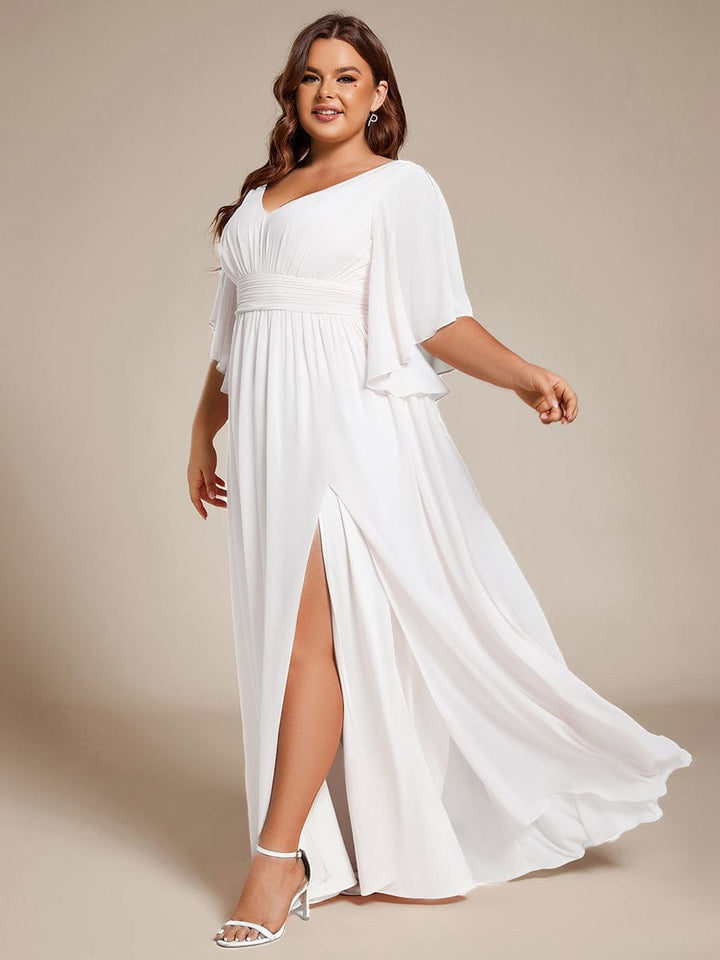 pretty ELYAN|Plus Size Printed Half Sleeve Pleated A-Line Chiffon Wedding Guest Dress