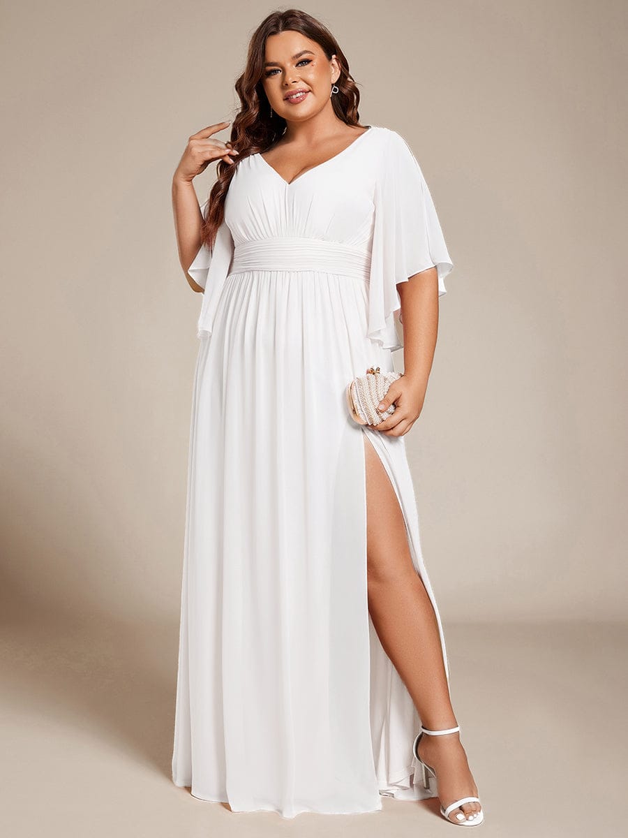 pretty ELYAN|Plus Size Printed Half Sleeve Pleated A-Line Chiffon Wedding Guest Dress