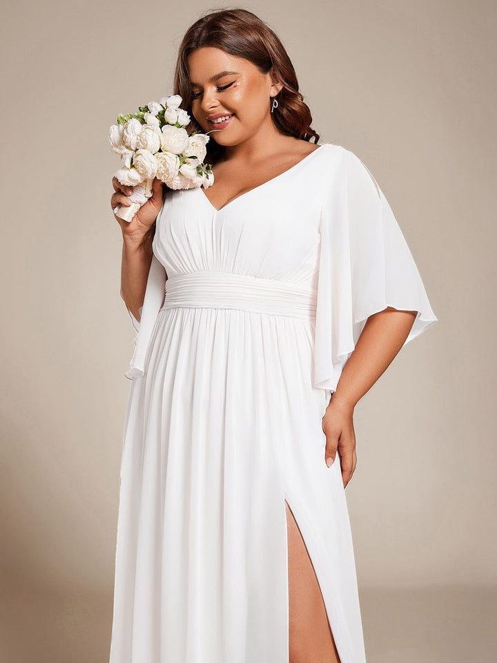pretty ELYAN|Plus Size Printed Half Sleeve Pleated A-Line Chiffon Wedding Guest Dress