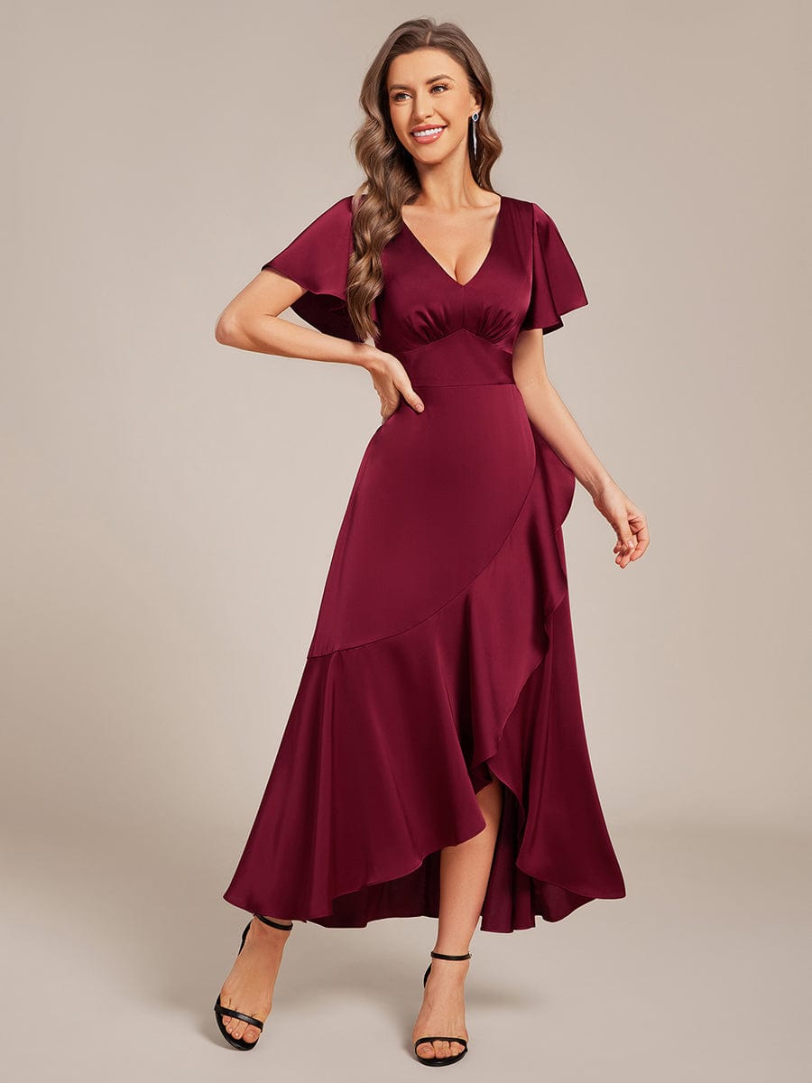 ever WYNTER|Short Sleeve Ruffled Satin Midi Wedding Guest Dress