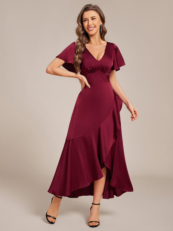 ever WYNTER|Short Sleeve Ruffled Satin Midi Wedding Guest Dress