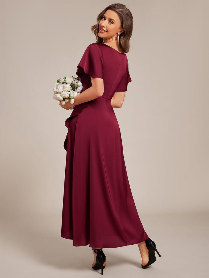 ever WYNTER|Short Sleeve Ruffled Satin Midi Wedding Guest Dress