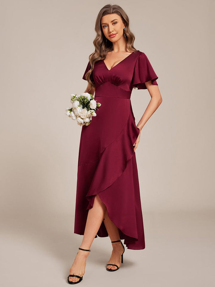 ever WYNTER|Short Sleeve Ruffled Satin Midi Wedding Guest Dress