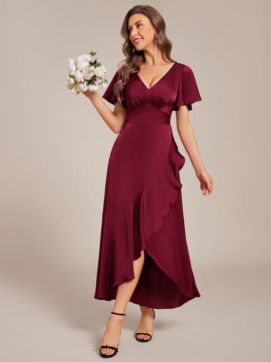 ever WYNTER|Short Sleeve Ruffled Satin Midi Wedding Guest Dress